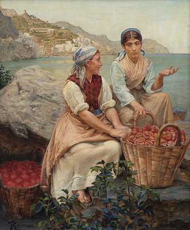 篮子里放着西红柿的意大利女孩`Italienske piger med tomater i kurve (1877 ~ 1879) by Kristian Zahrtmann