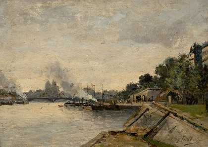 河流景观与城市景观隔水相望`River Landscape with City View across the Water (1865) by Jules Petillion