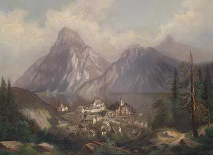 图恩基琴风景`Blick auf Traunkirchen (1877) by Ferdinand Lepie