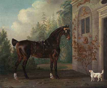 阿伯加文尼勋爵这是一匹带梗的黑湾马车`Lord Abergavennys Dark Bay Carriage Horse with a Terrier (1785) by Thomas Gooch