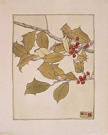 冬青`Holly (circa 1915) by Hannah Borger Overbeck