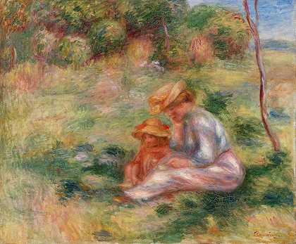 草地上的妇女和儿童（草地上有孩子的妇女）`Woman and Child in the Grass (Femme avec enfant sur lherbe) (1898) by Pierre-Auguste Renoir
