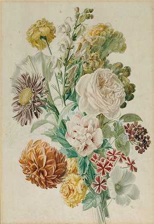 玫瑰花和大丽花的花束`Blumenstrauß mit Rose und Dahlie (1800~1820) by Leopold von Stoll