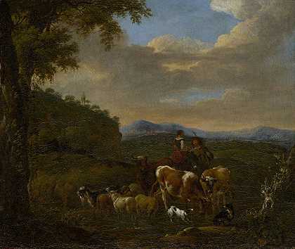 带着牛、羊和山羊的牧羊人`Shepherds with Cows, Sheep and Goats by Johan le Ducq