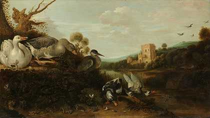 水禽`Waterfowl (1652) by Gijsbert Gillisz. de Hondecoeter