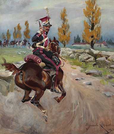 侦察中的轻骑兵`Light cavalryman on reconnaissance (1925) by Wojciech Kossak