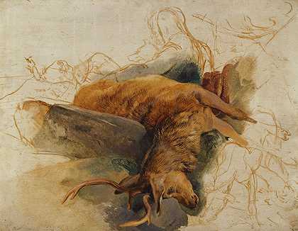 一只死牡鹿，上面画着一个鬼和猎犬的草图`A Dead Stag, With Sketched Figures Of A Ghillie And Hounds by Sir Edwin Henry Landseer