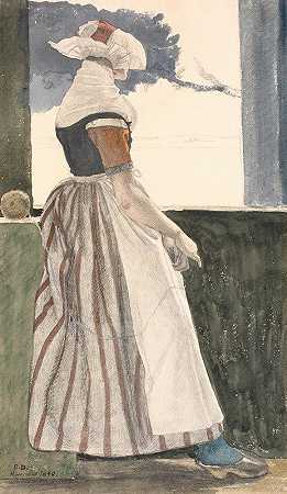 穿着sallingsuit的年轻针织女孩望着窗外`Ung strikkende pige i Sallingdragt, ser ud af et vindue (1849) by Christen Dalsgaard