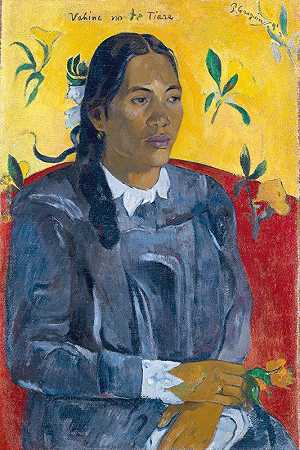 戴着花的塔希提女子`Tahitian Woman with a Flower by Paul Gauguin