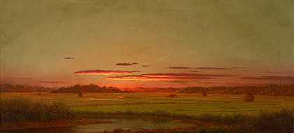 日落，远处的草车`Sunset, Haywagon in the Distance (About 1876~82) by Martin Johnson Heade