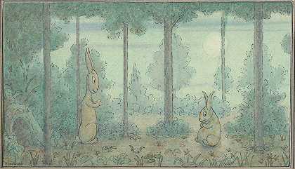 树林里的两只兔子`Two Rabbits in a Wood (circa 1910) by Herbert Crowley