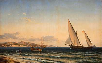 地中海之夜。背景是马赛和伊夫岛`Aften ved Middelhavet. I baggrunden Marseille og øen If (1854) by Emanuel Larsen