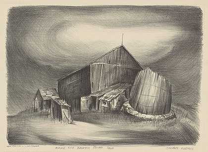谷仓和损坏的筒仓`Barn and Broken Down Silo (1935~1943) by Charles Henry Alston