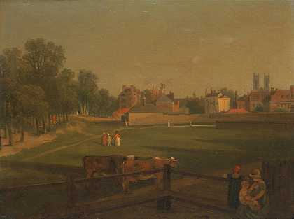 从磨坊大厦拍摄的威斯敏斯特部分西景和鸟笼步道。。。，`A Western View of part of Westminster and Bird Cage Walk taken from the Mill House…, by George Arnald