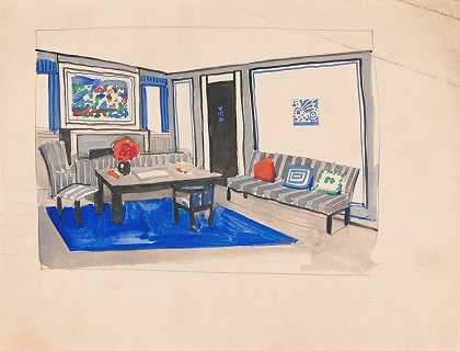 纽约州纽约市71街和百老汇阿拉马克室内设计草图。]【客厅套房学习】`Interior design sketches for Alamac Hotel, 71st and Broadway, New York, NY.] [Study for living room suite (1923) by Winold Reiss