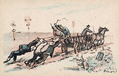 绑在移动的马车上的人被士兵鞭打`Mannen vastgebonden aan een rijdende wagen worden gegeseld door soldaten (1920) by Mihály Biró
