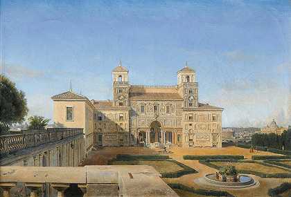 罗马美第奇花园别墅景观`View of the Villa Medicis gardens, Rome (1827) by Alphonse-Henri Perin