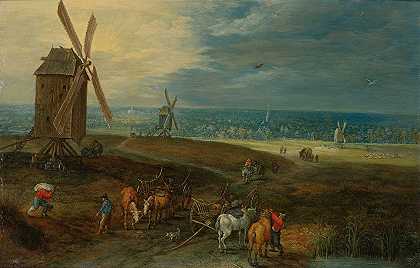 风车前有旅行者的广阔景观`An Extensive Landscape With Travellers Before A Windmill by Jan Brueghel the Younger