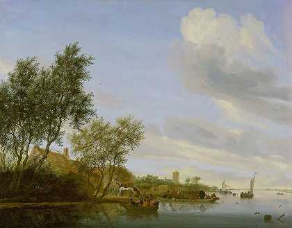 有渡轮的河流景观`River Landscape with a Ferry (1656) by Jacob Salomonsz. van Ruysdael