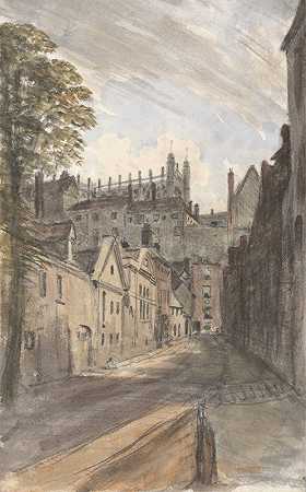 圣乔治1832年7月18日下午1点，比尔巷的s教堂和城堡墙`St. Georges Chapel and The Castle Wall From Bier Lane, July 18, 1832, 1 pm (1832) by Dr. William Crotch