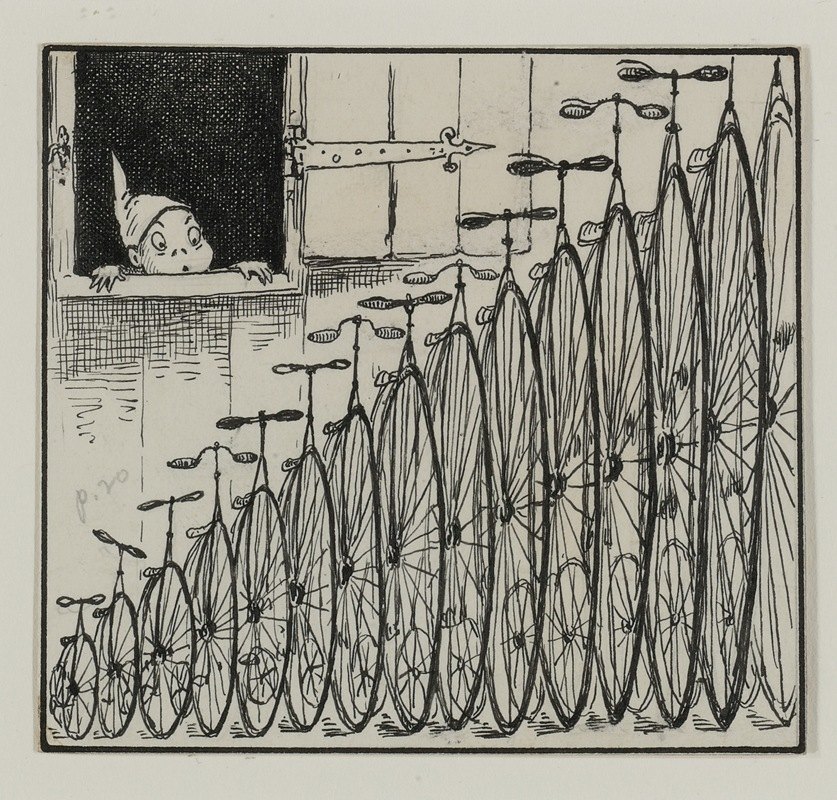 有一排自行车的布朗尼`Brownie with row of bicycles by Palmer Cox
