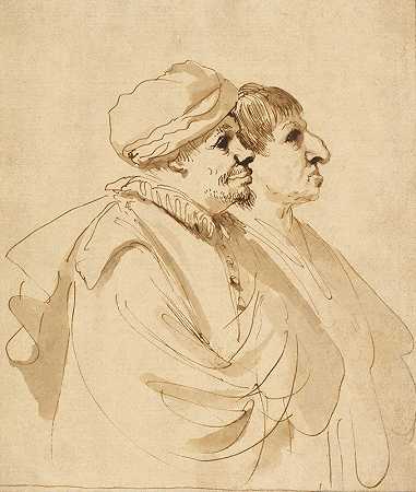 从侧面看两个男人的漫画`Caricature of Two Men Seen in Profile (1635) by Guercino