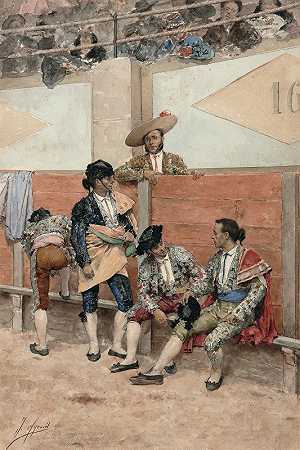 斗牛时的休息`A Rest During the Bullfight (1881) by Joaquín Agrasot
