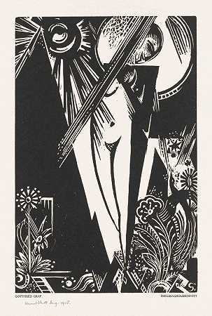 站着的女人，太阳，月亮和鲜花`Staande vrouw, zon, maan en bloemen (1918~08) by Gottfried Graf
