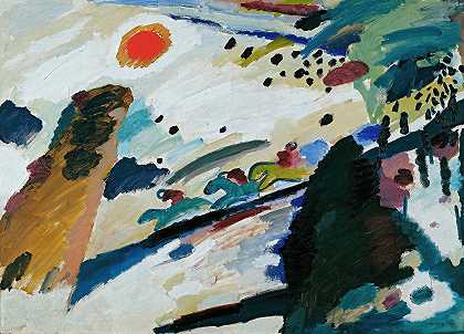 浪漫的风景`Romantic landscape (1911) by Wassily Kandinsky