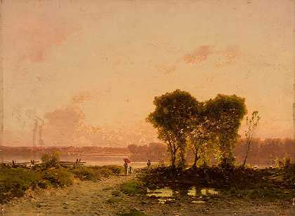 日落时的河流景观`Landscape with a riverat sunset (1886) by Aleksander Swieszewski