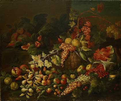 墙上挂着果篮的静物画`Still Life With Fruit Basket In Front Of A Wall by Giuseppe Ruoppolo