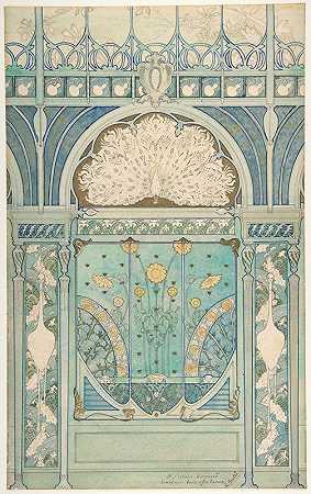 为兰厄姆（巴黎）的餐厅设计孔雀、鹤和向日葵墙面装饰`Design for a Wall Decoration with Peacock, Cranes, and Sunflowers for the Restaurant in Hotel Langham (Paris) (1896–98) by Emile Hurtré