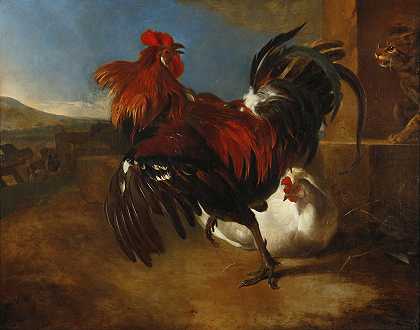 鸡舍`Poultry~yard with angered cock (circa 1600) by Melchior d;Hondecoeter