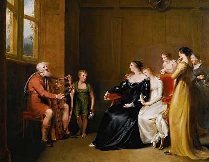 吟游诗人向巴克勒公爵夫人唱着他的歌来自沃尔特·斯科特这是最后一个吟游诗人的故事`The Minstrel Singing His Lay To The Duchess Of Buccleugh; From Walter Scotts The Lay Of The Last Minstrel (1805) by John James Masquerier