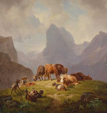 在高山牧场上`Auf der Alm (1843) by Friedrich Voltz