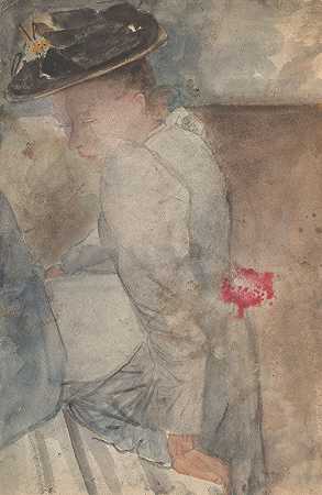 戴着平顶帽子的坐着的女人，靠在左手上`Zittende vrouw met platte hoed, steunend op haar linkerhand (1874) by Carel Adolph Lion Cachet