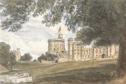 温莎城堡景观`Windsor Castle View (King George IV Gate and the Round Tower, July 28, 1832_1832) by Dr. William Crotch