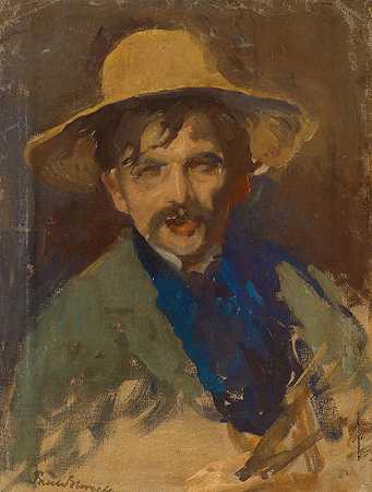 画家弗里茨·奥弗贝克戴草帽的自画像（1869-1909）`Self~portrait of the Painter with the Straw Hat of the Painter Fritz Overbeck (1869–1909) (1902) by Paul Schroeter