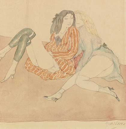 两个女孩在地板上`Deux Jeunes Filles Par Terre (circa 1906~09) by Jules Pascin