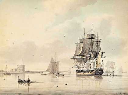 一艘皇家海军护卫舰在南安普敦卡尔肖特城堡外晾干船帆`A Royal Navy Frigate Drying Her Sails Off Calshot Castle, Southampton (1786) by Dominic Serres