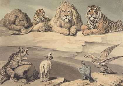 一头野猪、一只豹子、一头狮子、一只老虎、一只狼、一只公羊和两只老鹰`A Boar, a Leopard, a Lion, a Tiger, a Wolf, a Ram, and Two Eagles by Samuel Howitt