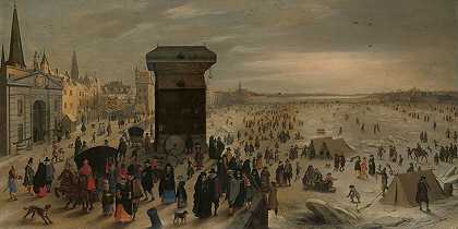 安特卫普码头上的起重机`The Crane on the Antwerp Quay by the Frozen Scheldt (1622) by the Frozen Scheldt by Sebastian Vrancx
