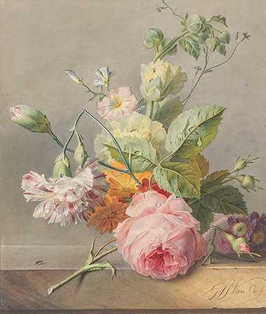 花卉静物画`Floral Still Life (c. 1800 ~ c. 1825) by Georgius Jacobus Johannes van Os