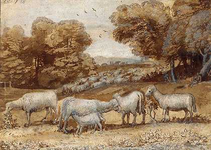 羊的风景`Landscape with Sheep (ca. 1648) by Claude Lorrain