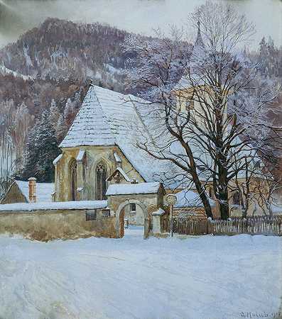 卡佩伦（Styria）附近的罗森塔尔（Rosenthal）冬季，有古老的哥特式教堂`Winter im Rosenthal bei Kapellen (Steiermark) mit altgotischer Kirche (1915) by Georg Holub