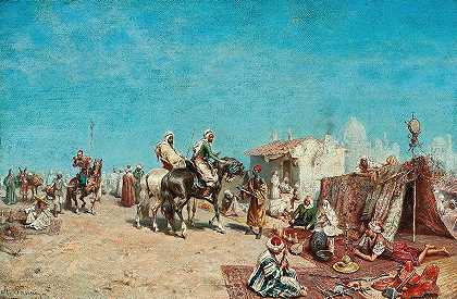 市场上的阿拉伯商人`Arab merchants at a market by the city walls by the city walls by Alberto Pasini