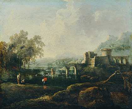 河流和桥梁废墟的理想景观（上午）`Ideale Landschaft mit Fluss und Brückenruine (Der Morgen) (1770~1780) by Johann Christian Brand