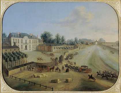 带L的La Mutet城堡景观国王的到来`Vue du Château de la Muette avec larrivée du Roi (1738) by Charles-Léopold Grevenbroeck