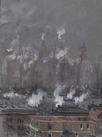 灰蒙蒙的一天，纽约市烟雾弥漫`Smoke and fog on gray day, New York City (1910) by Joseph Pennell
