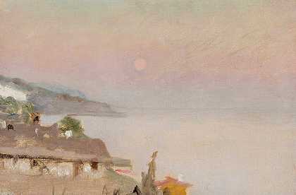 雅尔塔的月光之夜。从克里米亚之旅`Moonlit evening in Yalta. From the journey to Crimea (between 1887 and 1899) by Jan Ciągliński